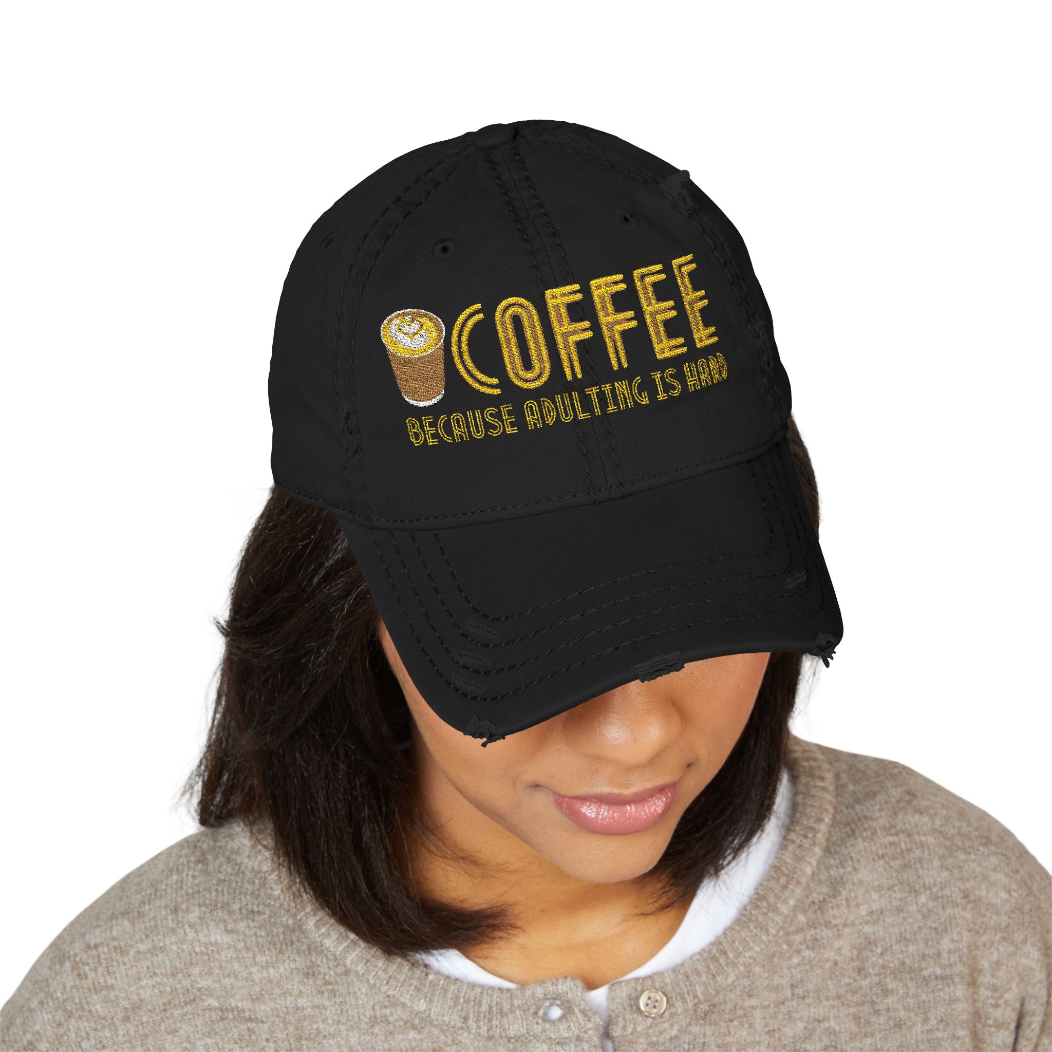 Coffee Distressed Embroidered Hat