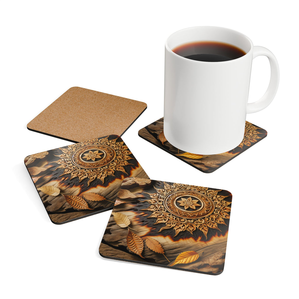 Wood-Burned Leaves Corkwood Coaster Set