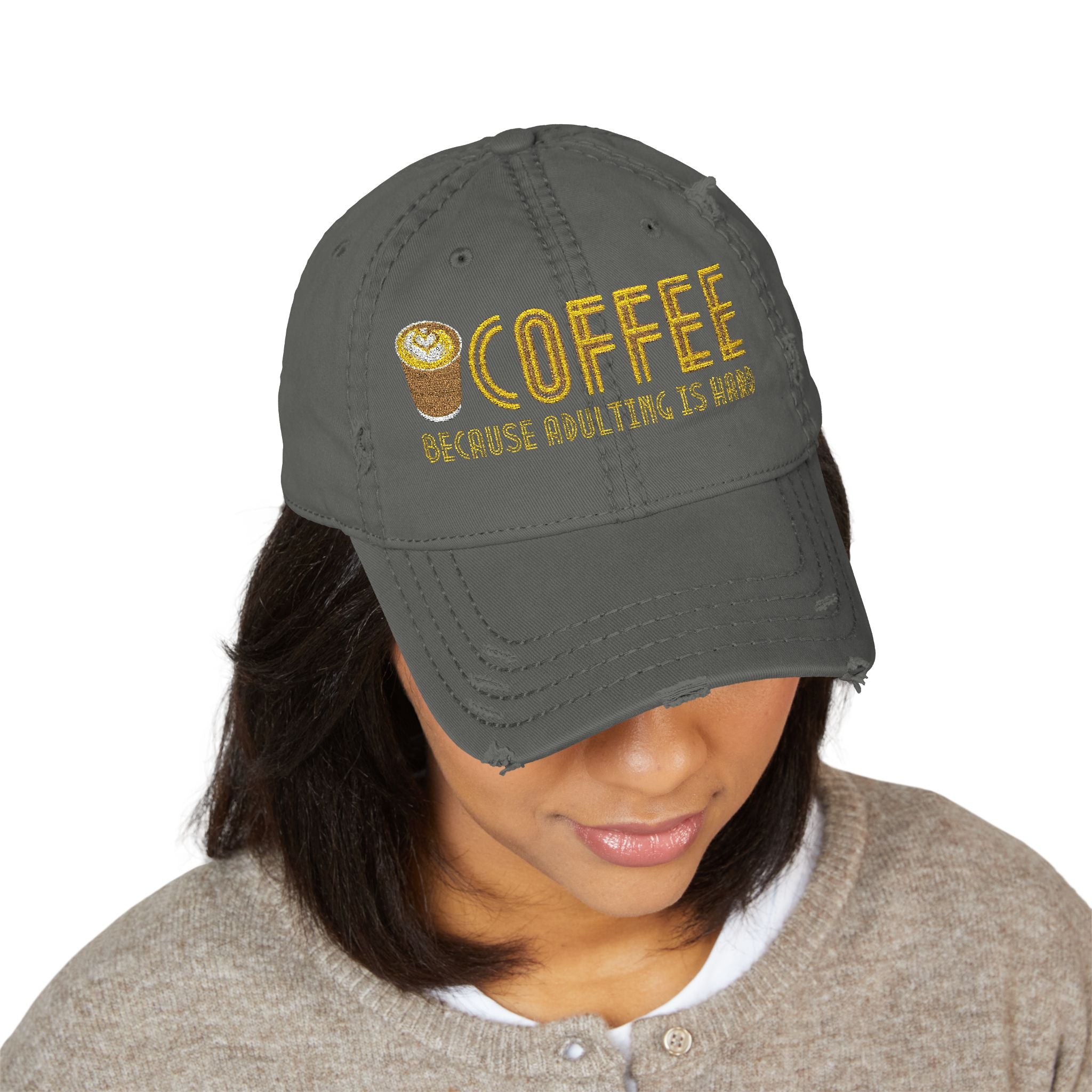 Coffee Distressed Embroidered Hat