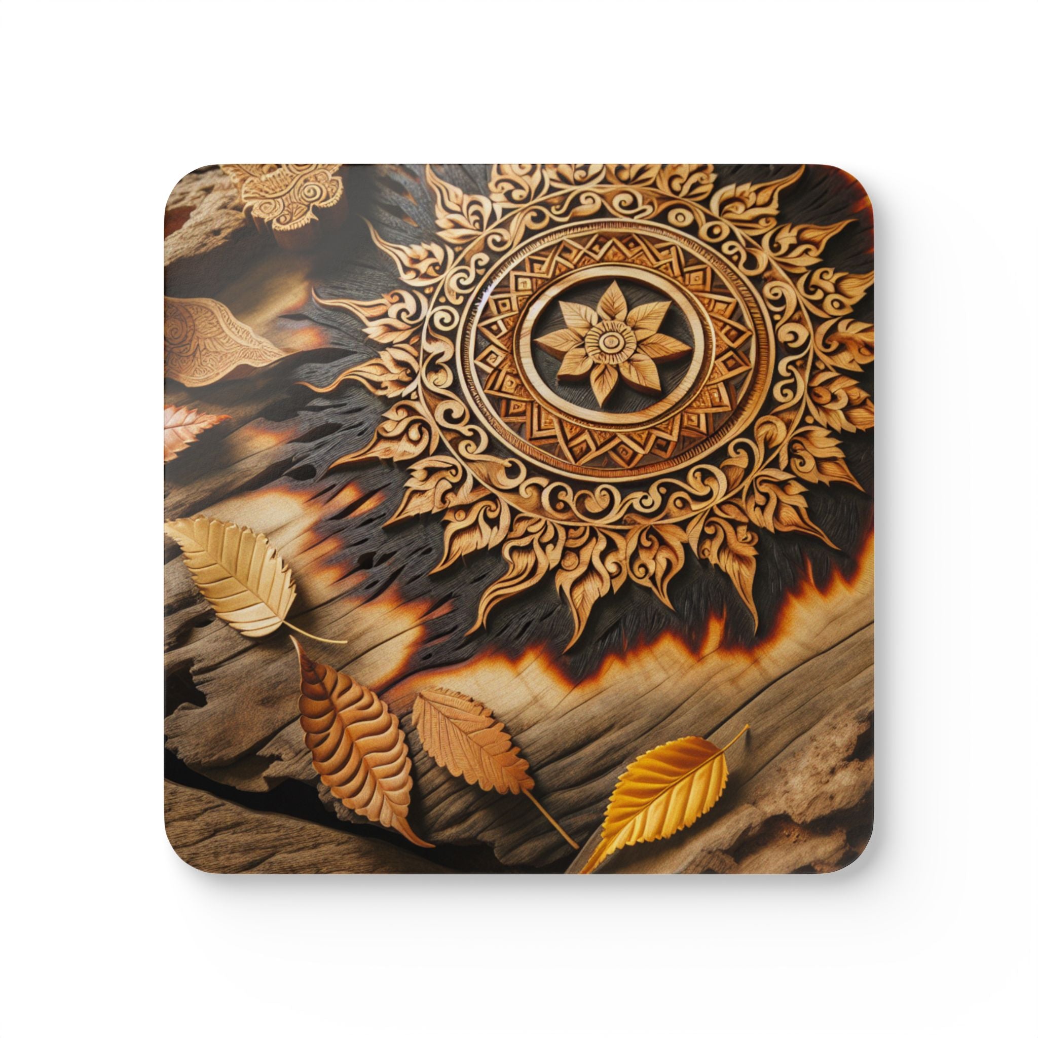 Wood-Burned Leaves Corkwood Coaster Set
