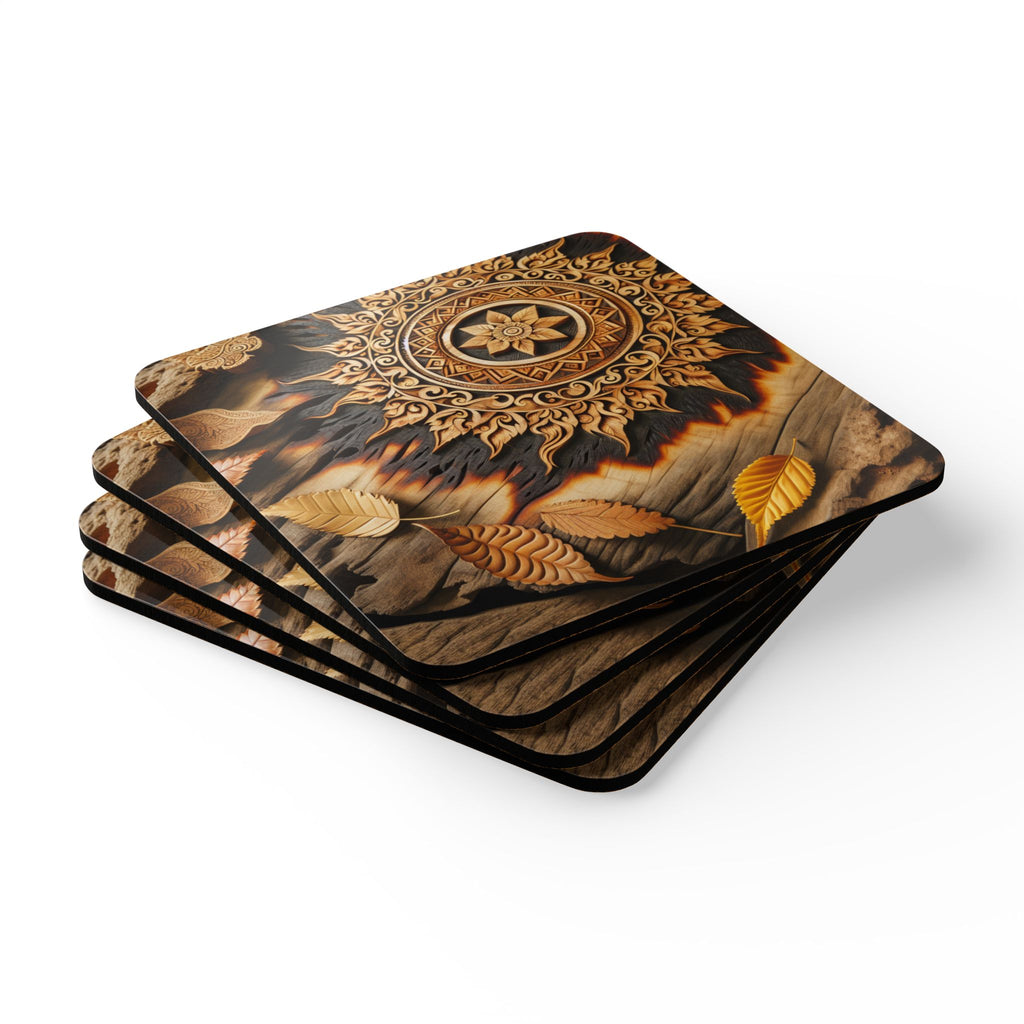 Wood-Burned Leaves Corkwood Coaster Set