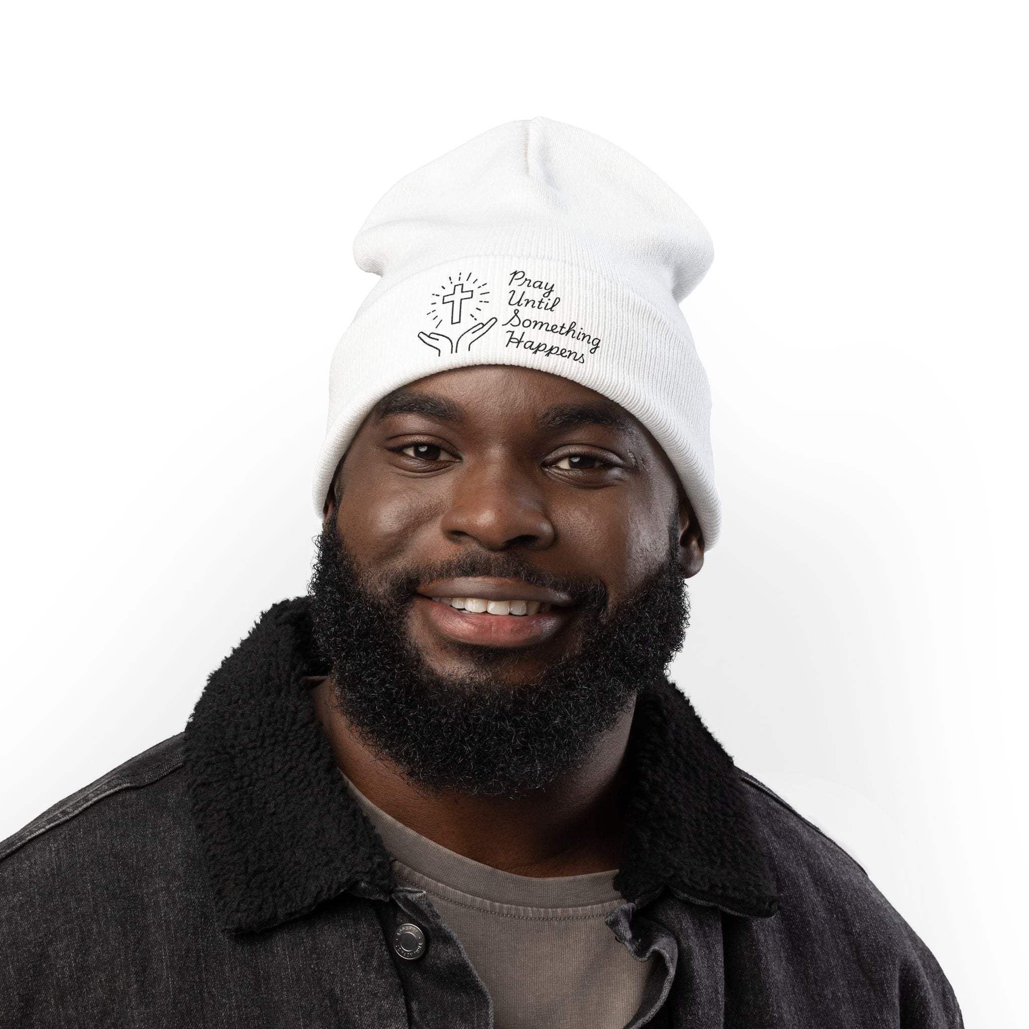 'Pray Until Something Happens' Embroidered Knit Beanie
