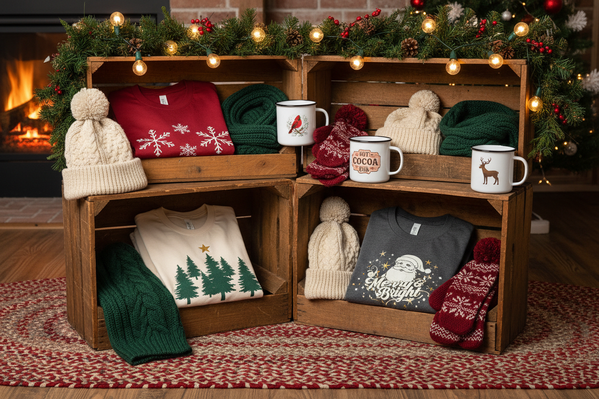 Christmas and winter collection mercantile theme featuring graphic t-shirts and accessories