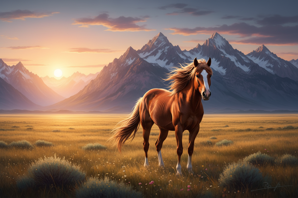 wild mustang on the open plains with the mountains in the background