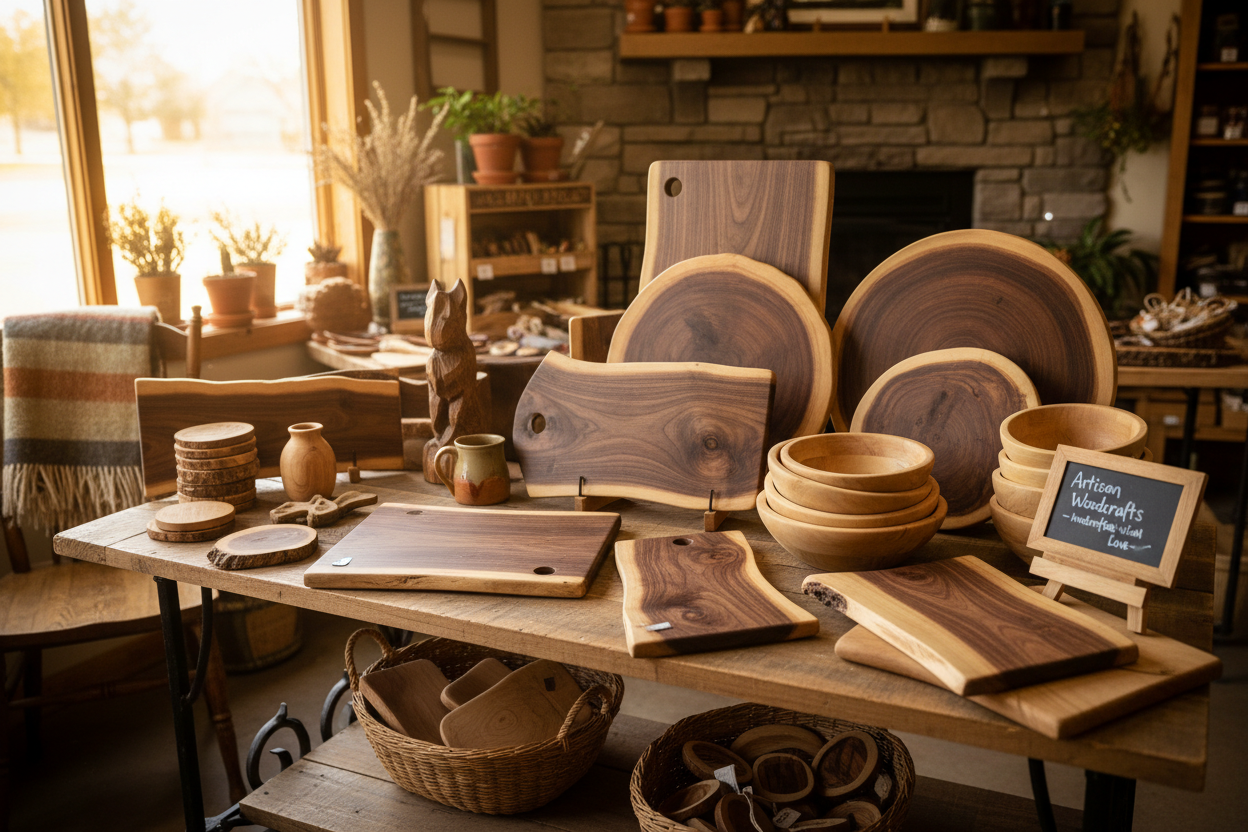 Woodcrafter's Corner mercantile theme featuring charcuterie boards, wooden bowls, home decor made out of wood.